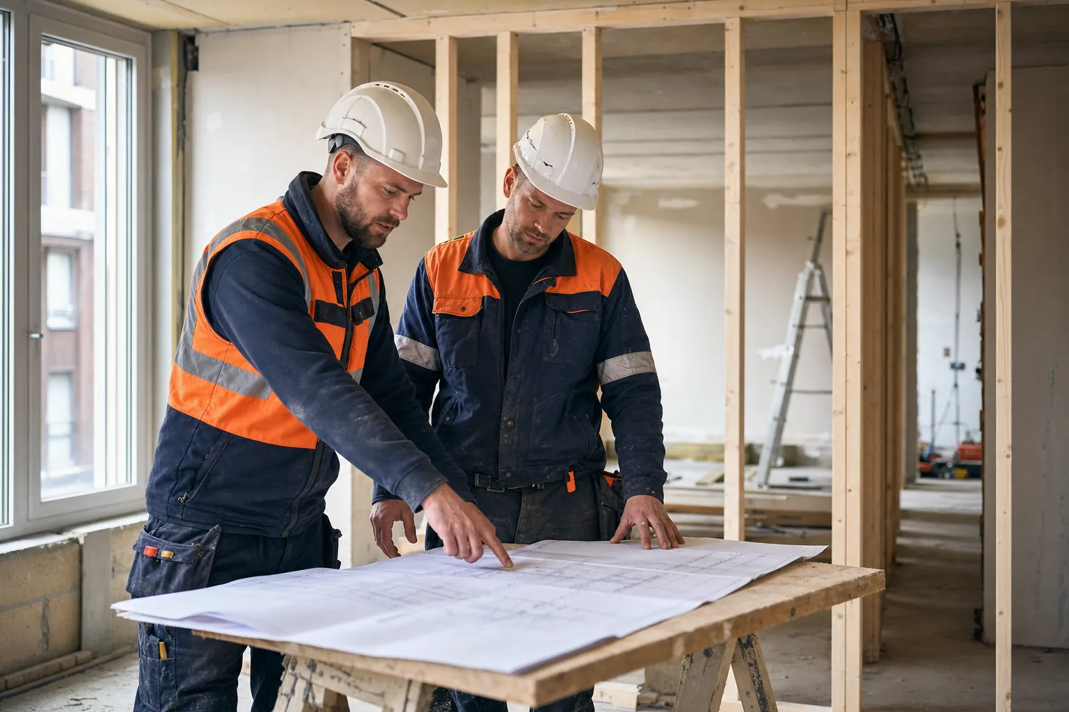 Uitvoerder en bouwmedewerker stemmen werkzaamheden af